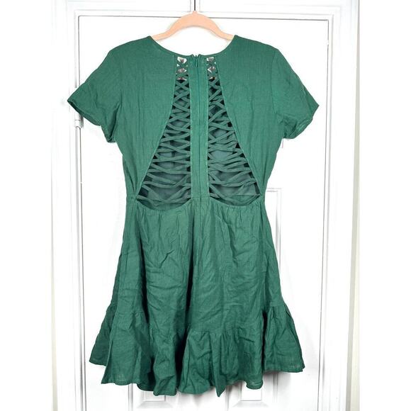 SELFIE LESLIE Meilani A-Line Forest Green Skater Criss-Cross Back Dress Junior L - Picture 5 of 7